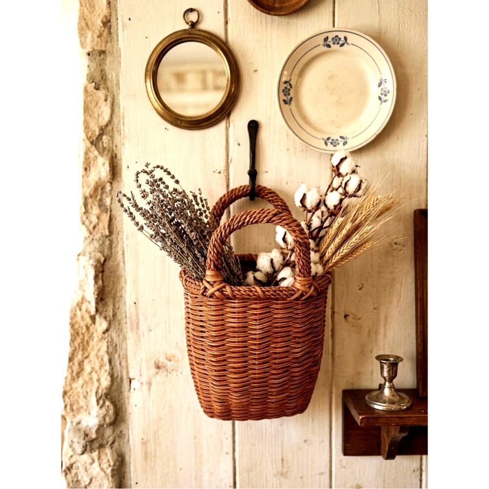 Hand-woven brown wicker market tote magazine basket gathering wall basket VTG